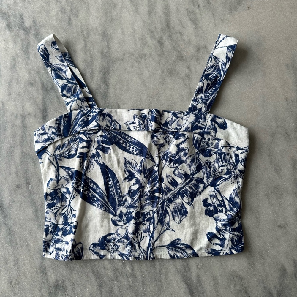 Abercrombie & Fitch Navy White Tropical Floral Linen Cropped Tank Top Size Small